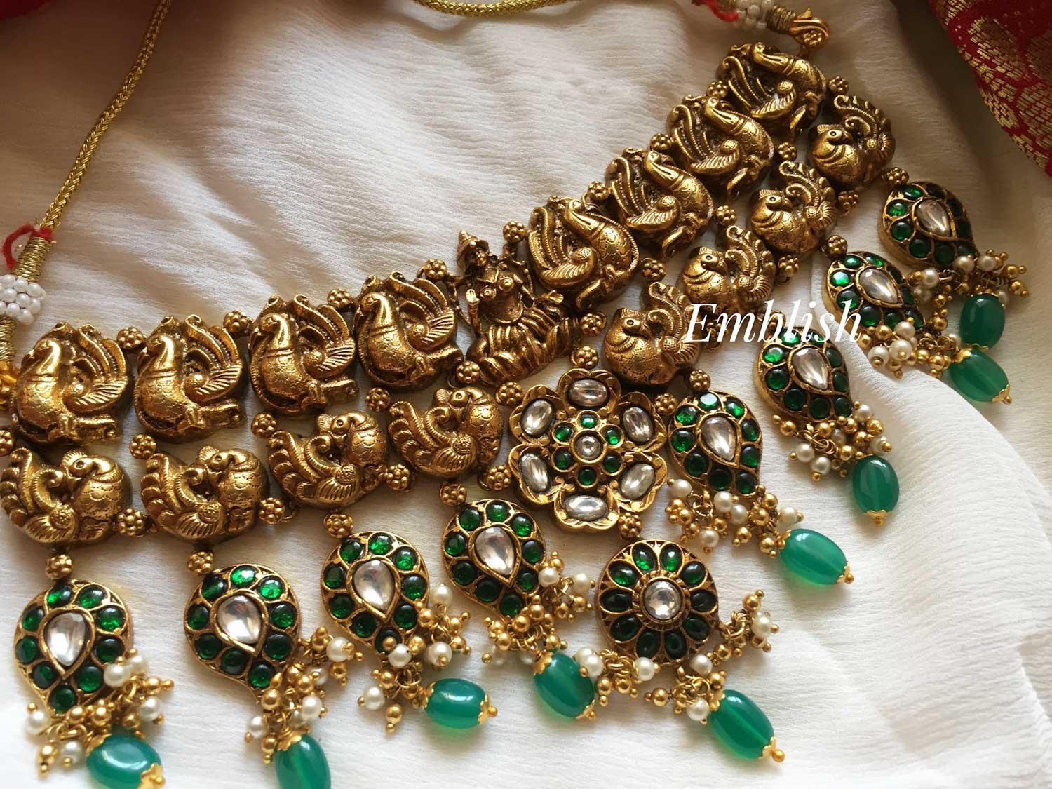 Kundan jadau Antique Peacock Lakshmi green beads high neck choker